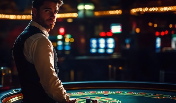 Antarmuka live casino dengan dealer profesional ditampilkan di layar smartphone
